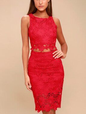 Lulus Look At Me Wow Red Lace Two-piece Dress - Size Small